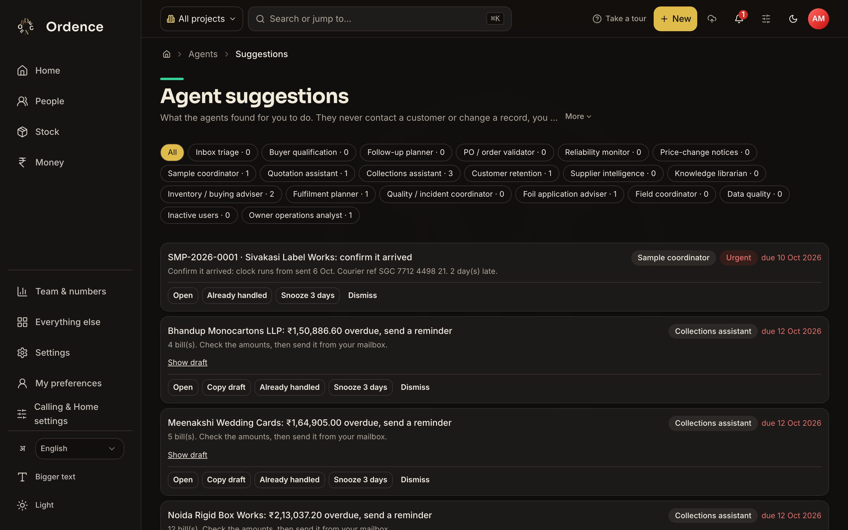 Agent suggestions list, each card proposing a next step with buttons to open, copy or dismiss it