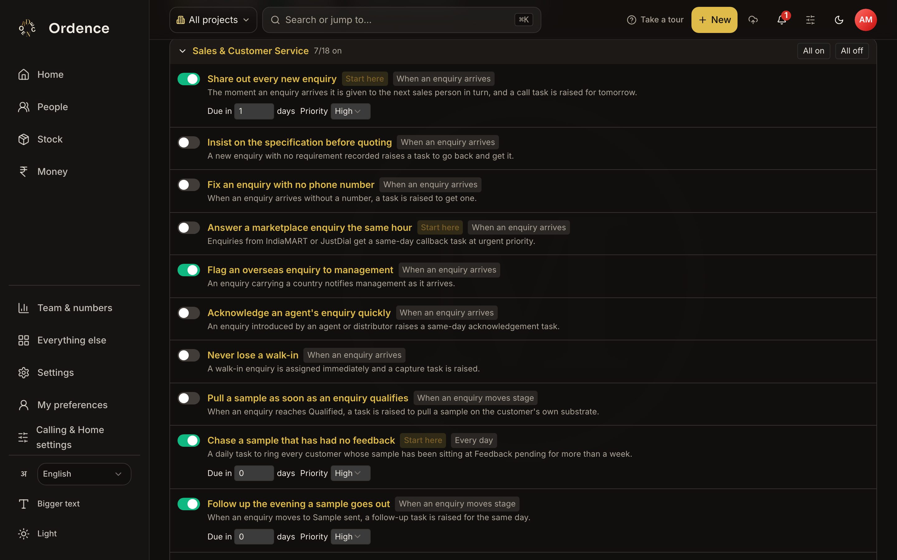 My automations: a list of ready-made rules grouped by department, each with a short description and an on or off switch