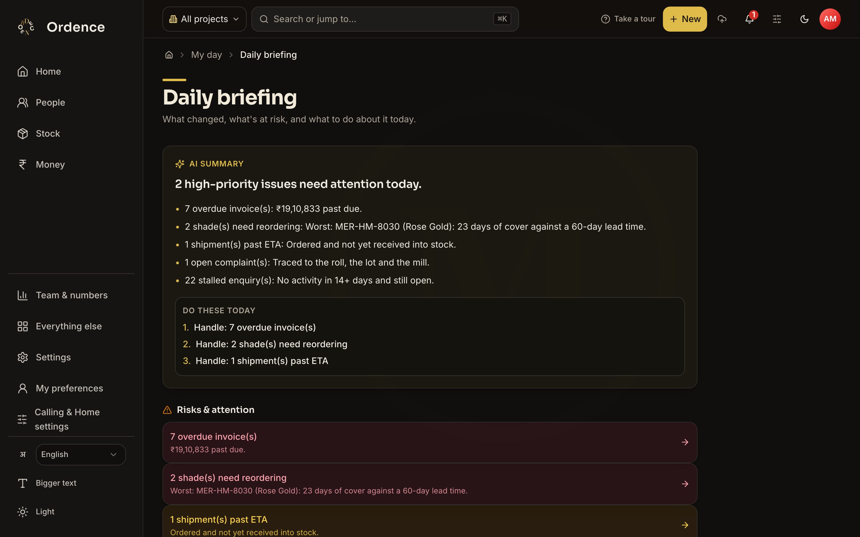 Daily briefing page summarising high-priority issues, things to do first, and items that need attention