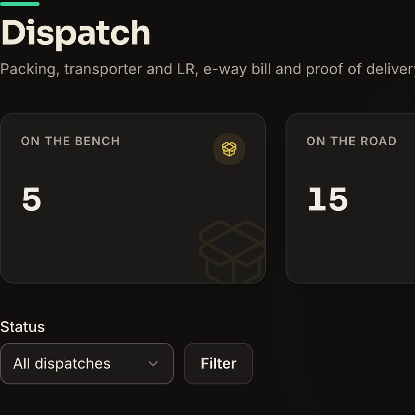 Dispatch board with counts on the bench, on the road and delivered, and a list of consignments with transporter, value, e-way bill and status