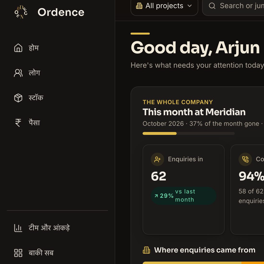 Company dashboard with the side menu in Hindi, this month's enquiries, conversion, quotes, orders, billing and money due
