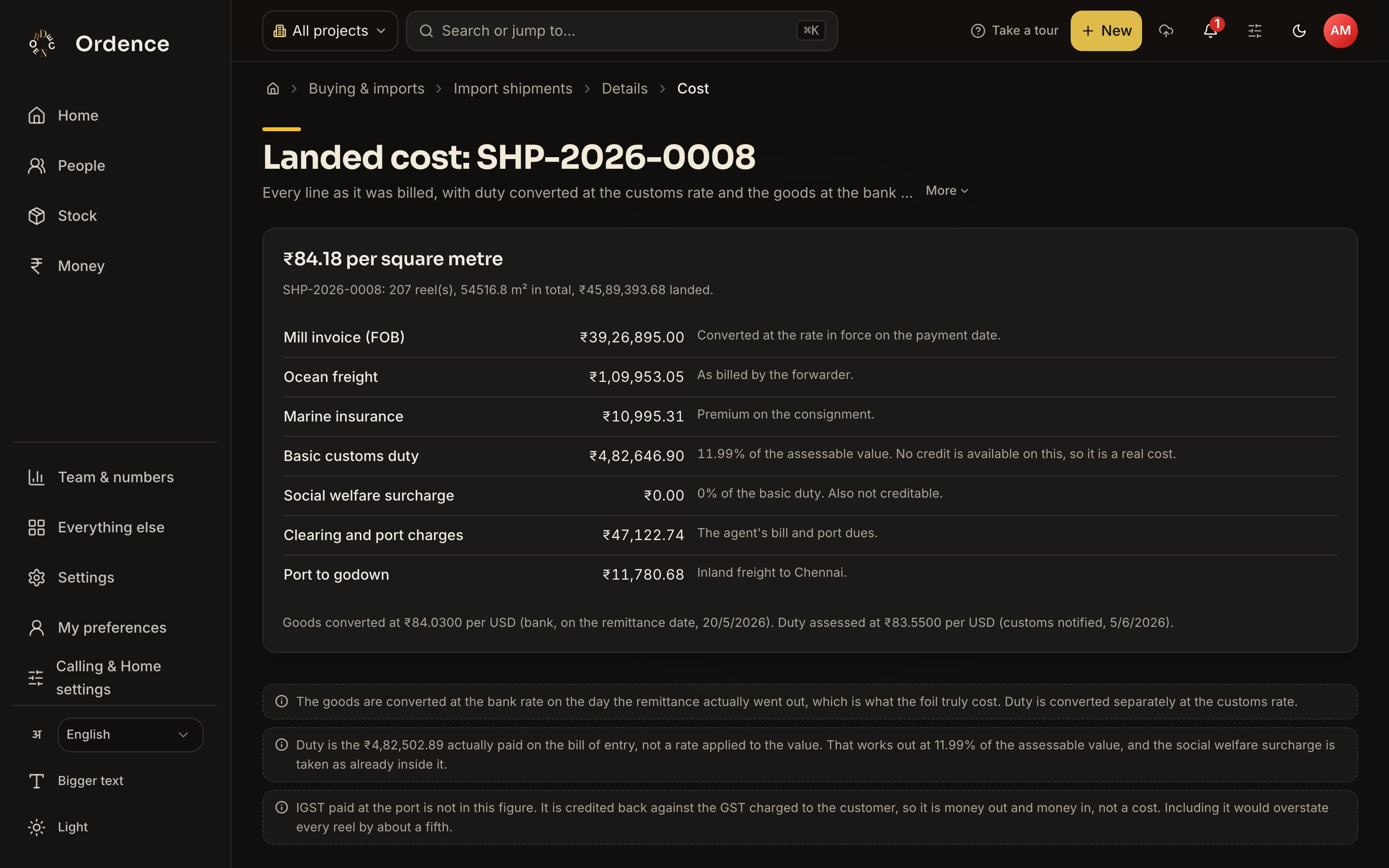 Landed cost of an import shipment, with freight, duty, clearing and port charges adding up to a cost per square metre