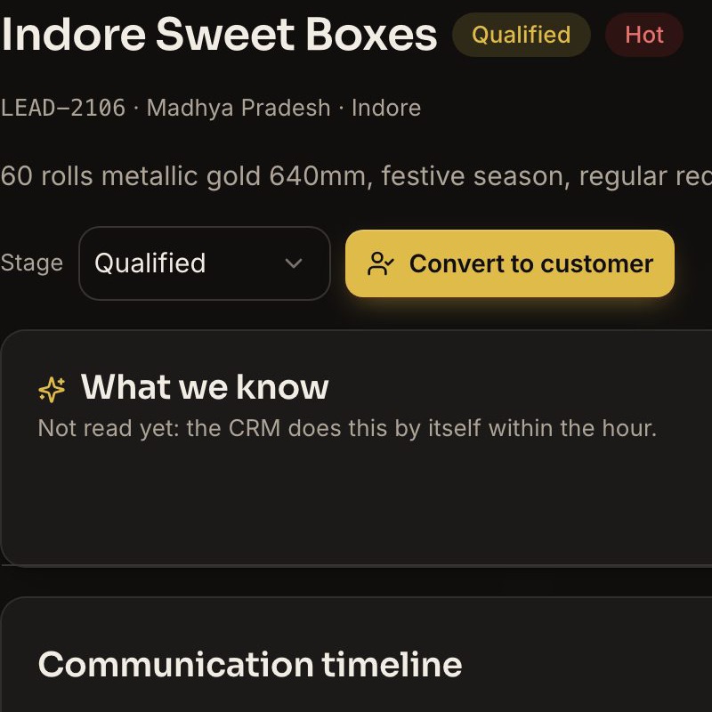 A lead record with its communication timeline, next actions and the score panel listing why it scored as it did