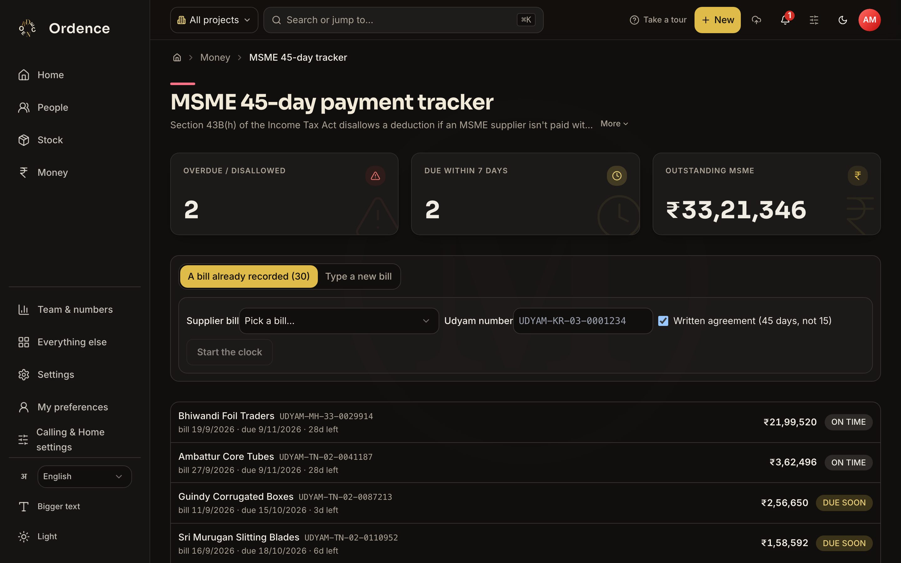 MSME 45-day payment tracker with counts of bills due, the amount outstanding, and supplier bills with their status