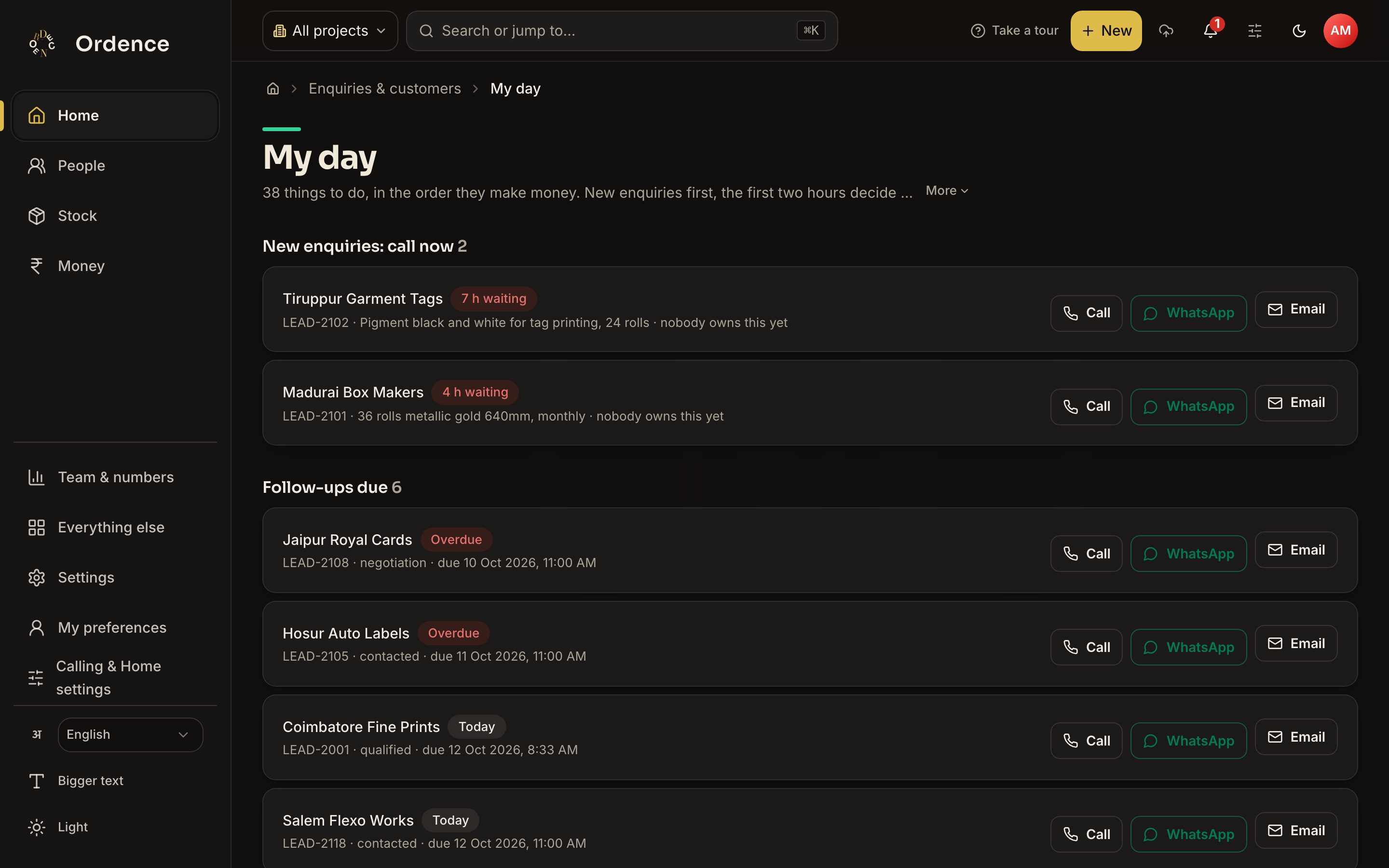 My day screen listing new enquiries to call, each with how long it has waited and call, WhatsApp and email buttons