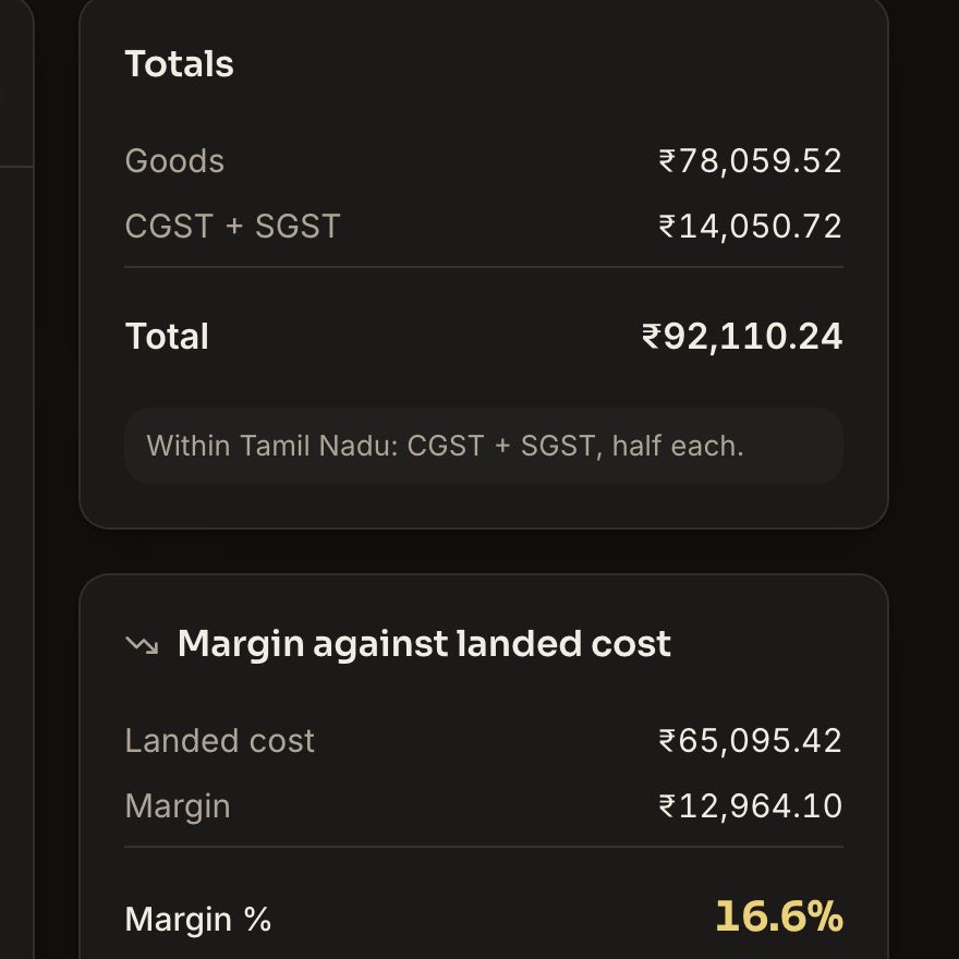 Quote builder with line items, GST totals and a panel showing the margin against landed cost