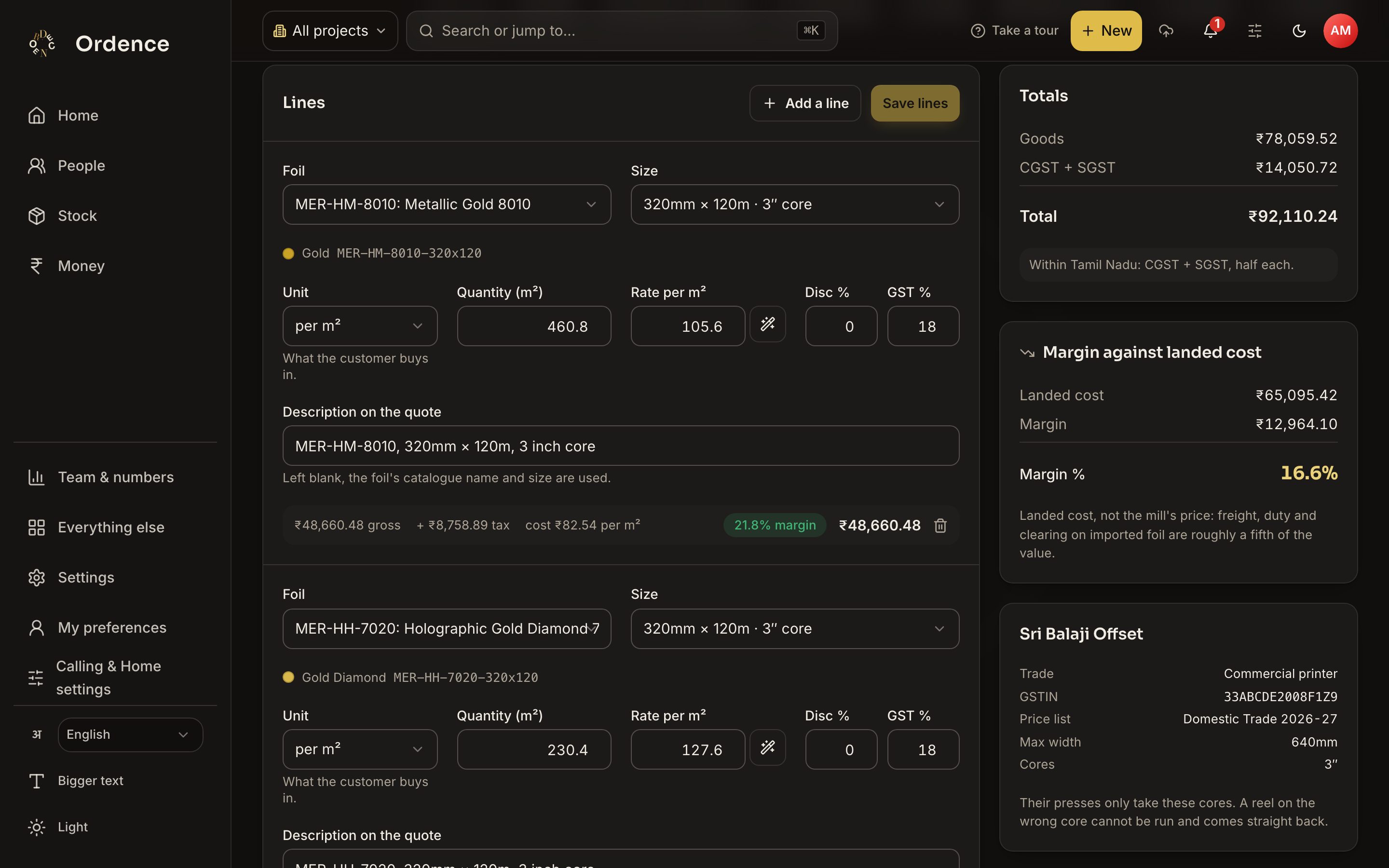 Quote builder with line items, GST totals and a panel showing the margin against landed cost
