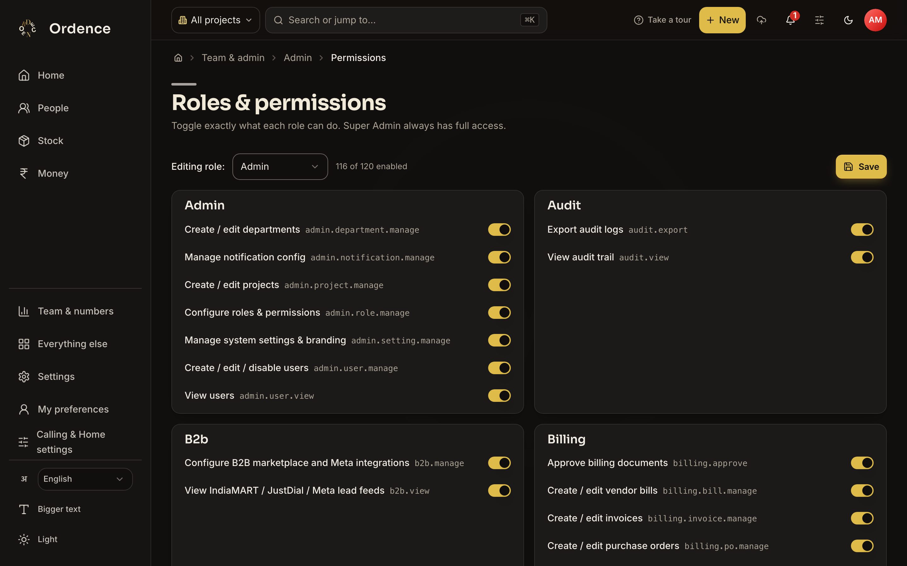 Roles and permissions settings with permission switches grouped by area for the selected role