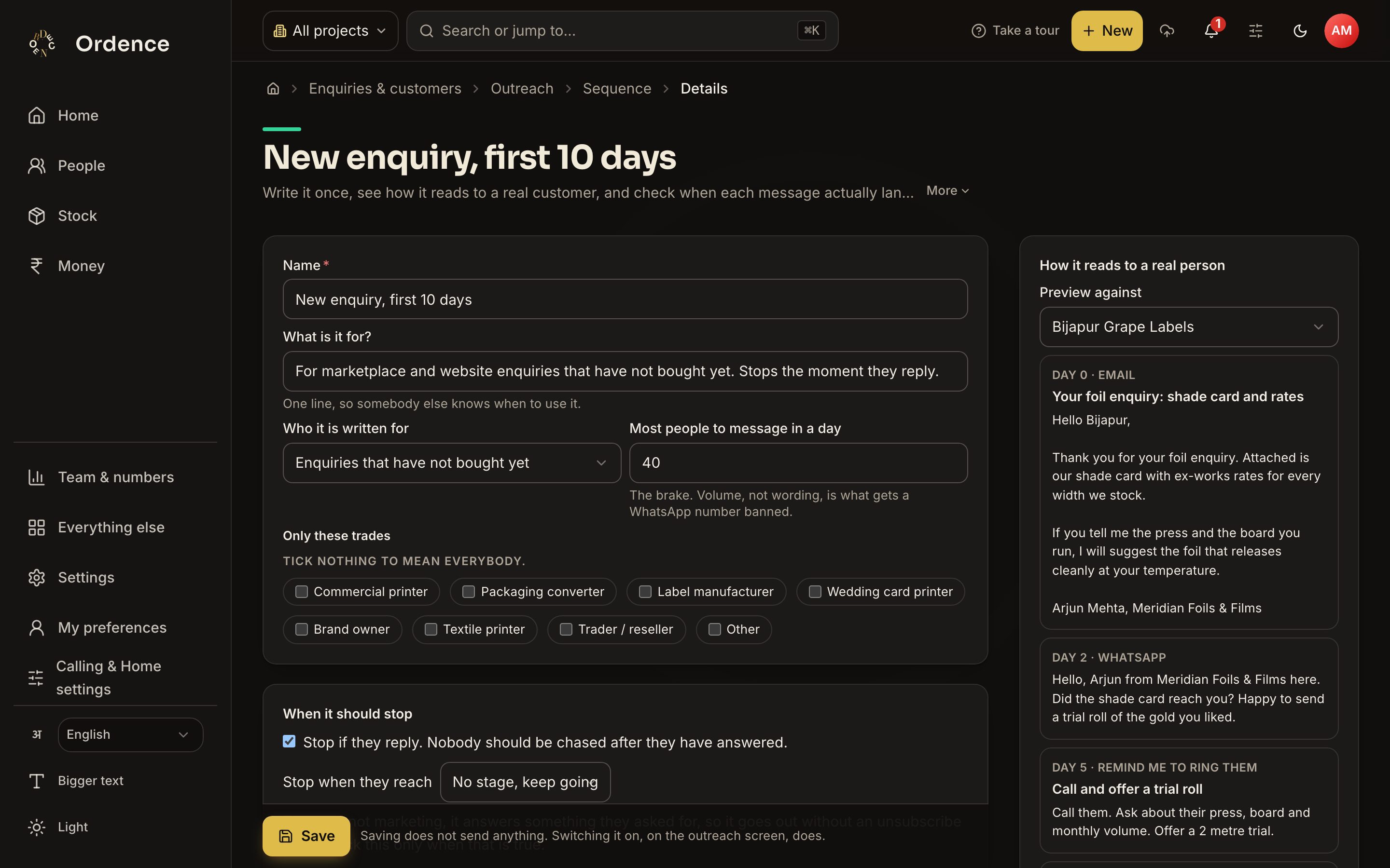 Outreach sequence for a new enquiry's first ten days, with timed email, WhatsApp and call steps