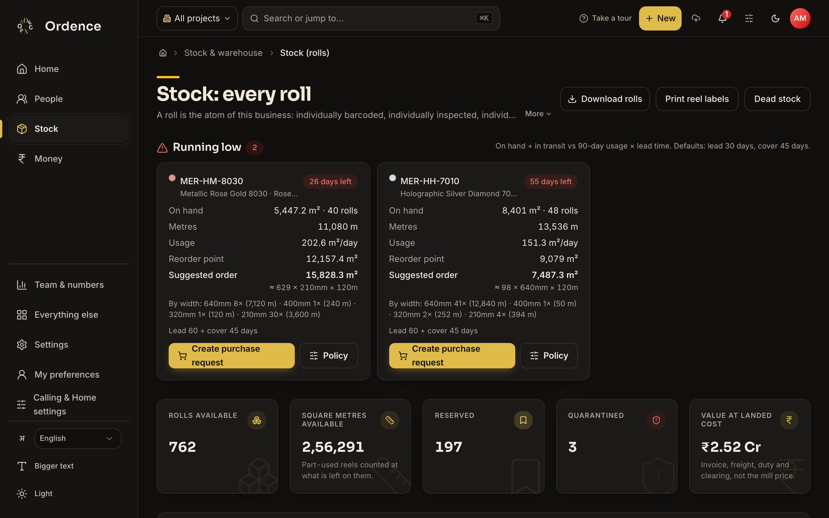 Stock overview with items running low, suggested purchase quantities, and totals of rolls, area and value at landed cost