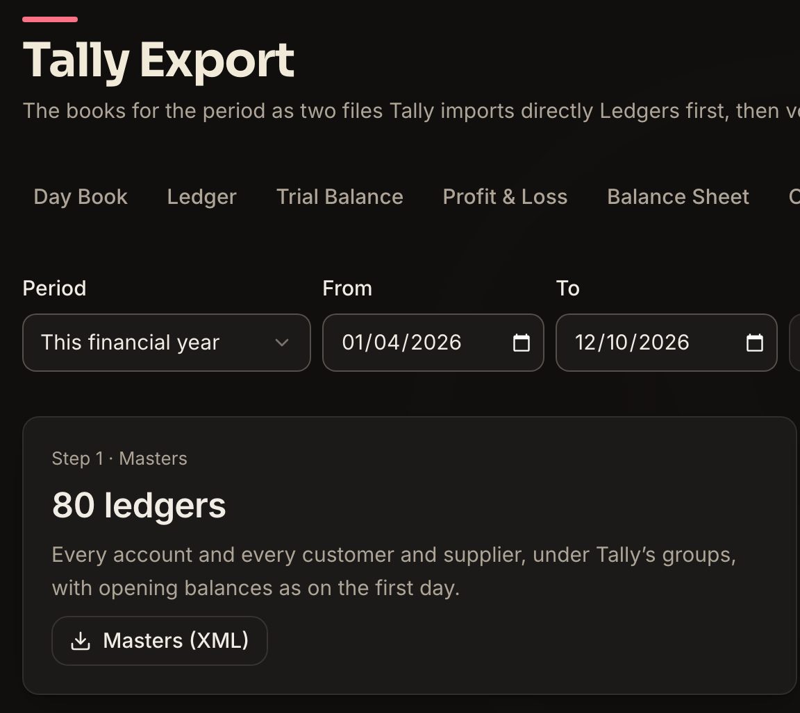 Tally export screen with a period picker, a masters file of ledgers and a vouchers file to download, and the steps to import them into Tally