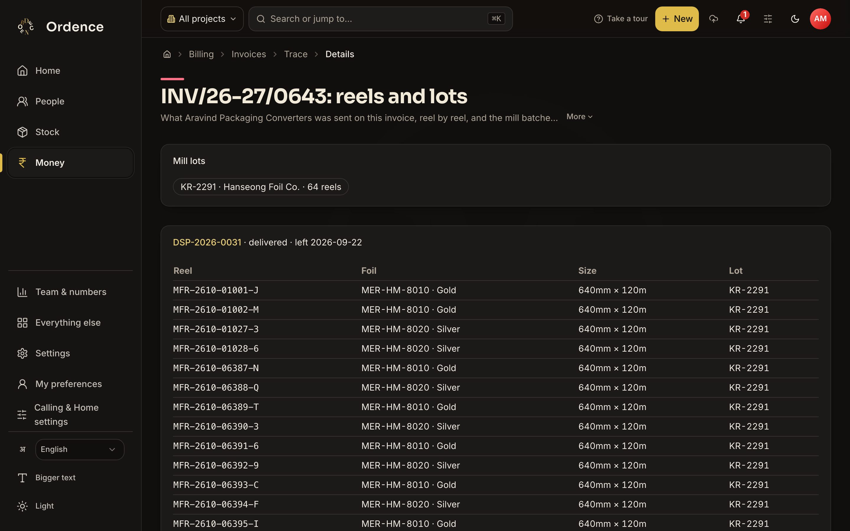 Invoice trace listing each dispatch on the invoice, the reels it shipped, their sizes and their mill lots
