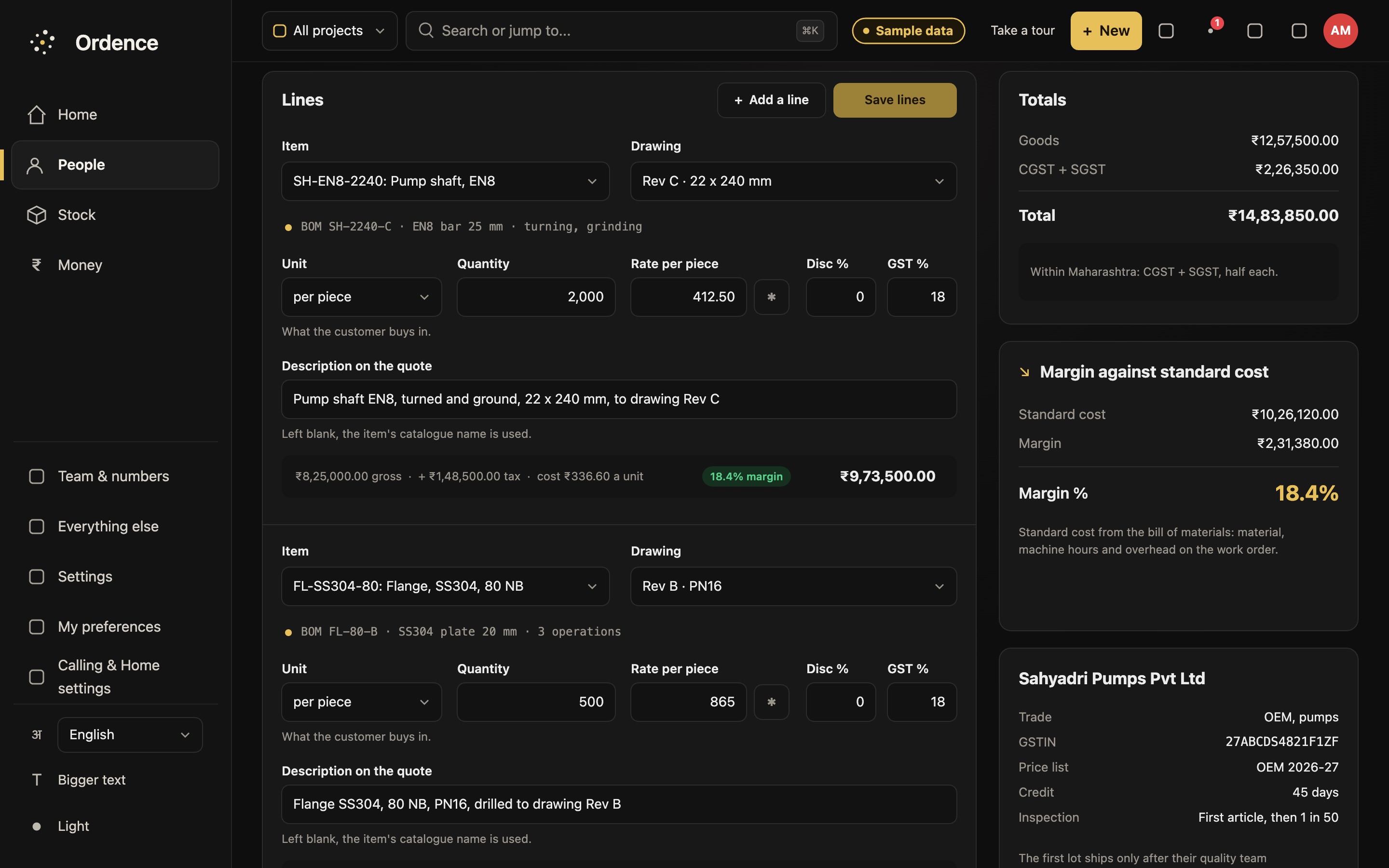 Quotation screen with invented records: machined parts with drawing revisions and bill of material references, quantity and rate per piece, GST totals, and a panel showing the margin against standard cost