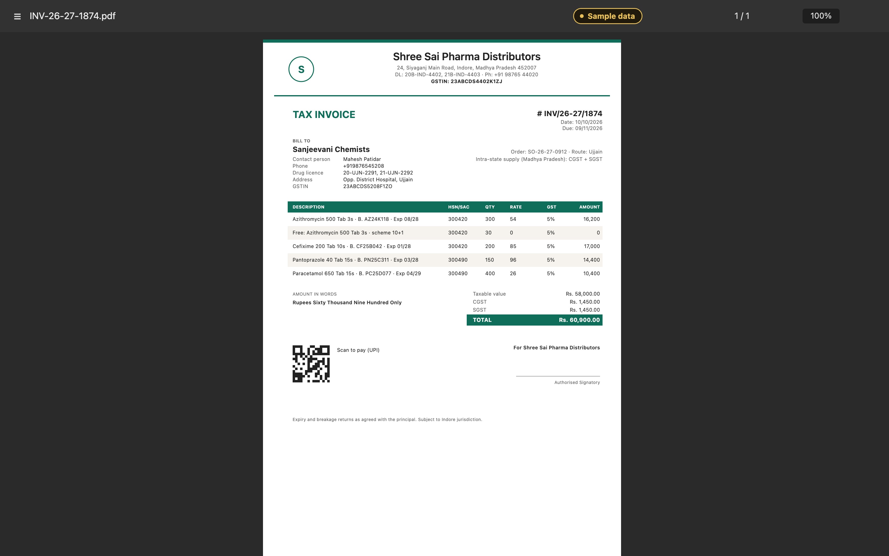 Tax invoice with invented records: a pharma stockist billing a chemist, drug licence numbers, each line with its batch, expiry and six-digit HSN (300420, 300490) at 5%, a free 10+1 scheme line, and a footer on expiry and breakage returns